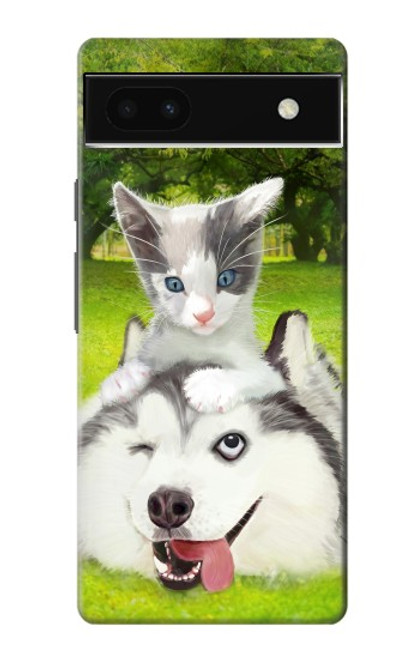 S3795 不機嫌子猫遊び心シベリアンハスキー犬ペイント Kitten Cat Playful Siberian Husky Dog Paint Google Pixel 6a バックケース、フリップケース・カバー