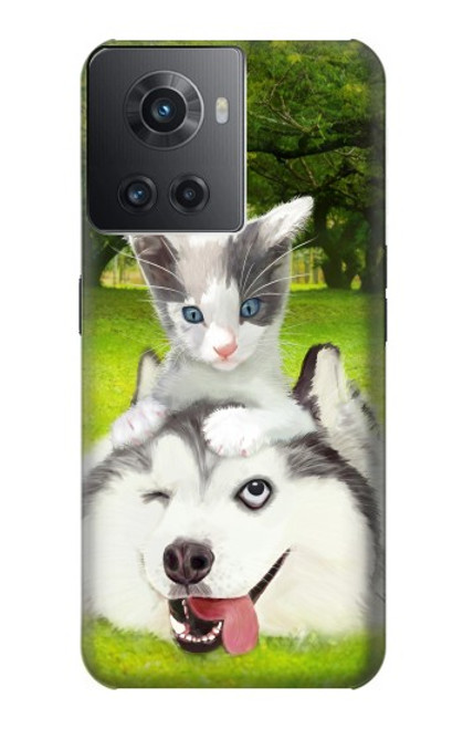 S3795 不機嫌子猫遊び心シベリアンハスキー犬ペイント Kitten Cat Playful Siberian Husky Dog Paint OnePlus 10R バックケース、フリップケース・カバー