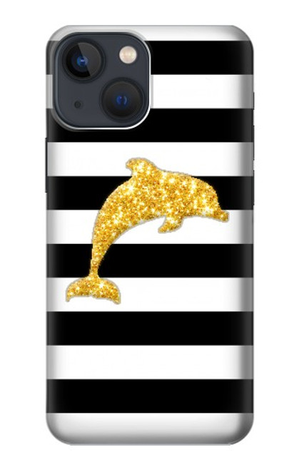 S2882 黒と白のストライプ ゴールドドルフィン Black and White Striped Gold Dolphin iPhone 14 バックケース、フリップケース・カバー