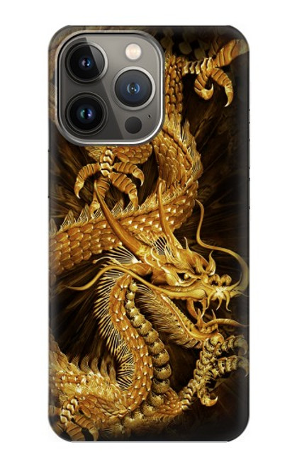 S2804 ゴールドドラゴンプリント Chinese Gold Dragon Printed iPhone 14 Pro バックケース、フリップケース・カバー