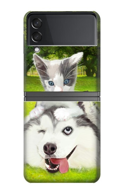 S3795 不機嫌子猫遊び心シベリアンハスキー犬ペイント Kitten Cat Playful Siberian Husky Dog Paint Samsung Galaxy Z Flip 4 バックケース、フリップケース・カバー