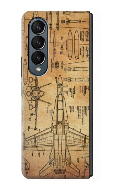 S3868 航空機の設計図の古い紙 Aircraft Blueprint Old Paper Samsung Galaxy Z Fold 4 バックケース、フリップケース・カバー