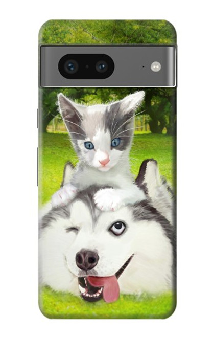 S3795 不機嫌子猫遊び心シベリアンハスキー犬ペイント Kitten Cat Playful Siberian Husky Dog Paint Google Pixel 7 バックケース、フリップケース・カバー