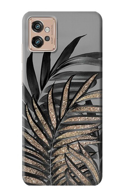 S3692 灰色の黒いヤシの葉 Gray Black Palm Leaves Motorola Moto G32 バックケース、フリップケース・カバー