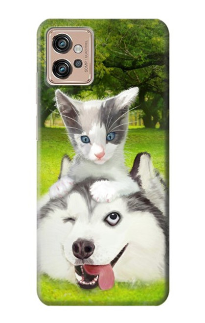 S3795 不機嫌子猫遊び心シベリアンハスキー犬ペイント Kitten Cat Playful Siberian Husky Dog Paint Motorola Moto G32 バックケース、フリップケース・カバー