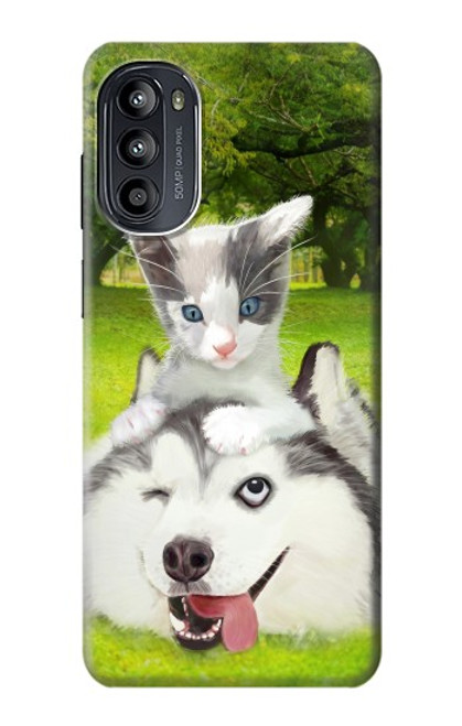 S3795 不機嫌子猫遊び心シベリアンハスキー犬ペイント Kitten Cat Playful Siberian Husky Dog Paint Motorola Moto G52, G82 5G バックケース、フリップケース・カバー