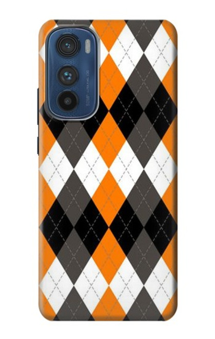 S3421 黒 オレンジ 白 アーガイルプラッド Black Orange White Argyle Plaid Motorola Edge 30 バックケース、フリップケース・カバー