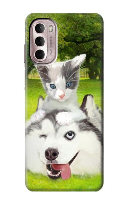 S3795 不機嫌子猫遊び心シベリアンハスキー犬ペイント Kitten Cat Playful Siberian Husky Dog Paint Motorola Moto G Stylus 4G (2022) バックケース、フリップケース・カバー