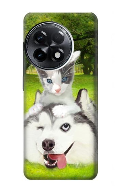 S3795 不機嫌子猫遊び心シベリアンハスキー犬ペイント Kitten Cat Playful Siberian Husky Dog Paint OnePlus 11R バックケース、フリップケース・カバー