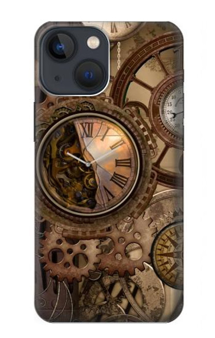 S3927 コンパスクロックゲージスチームパンク Compass Clock Gage Steampunk iPhone 14 バックケース、フリップケース・カバー