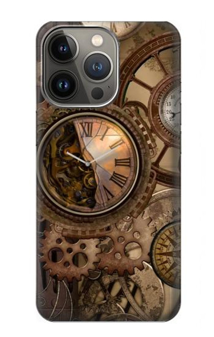 S3927 コンパスクロックゲージスチームパンク Compass Clock Gage Steampunk iPhone 14 Pro バックケース、フリップケース・カバー