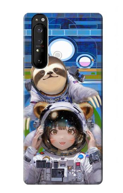 S3915 アライグマの女子 赤ちゃんナマケモノ宇宙飛行士スーツ Raccoon Girl Baby Sloth Astronaut Suit Sony Xperia 1 III バックケース、フリップケース・カバー