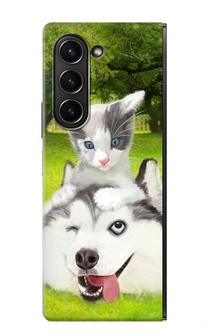 S3795 不機嫌子猫遊び心シベリアンハスキー犬ペイント Kitten Cat Playful Siberian Husky Dog Paint Samsung Galaxy Z Fold 5 バックケース、フリップケース・カバー