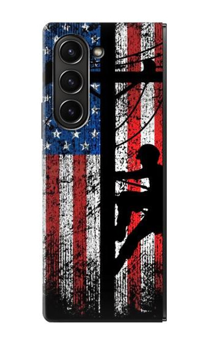 S3803 電気技師ラインマンアメリカ国旗 Electrician Lineman American Flag Samsung Galaxy Z Fold 5 バックケース、フリップケース・カバー