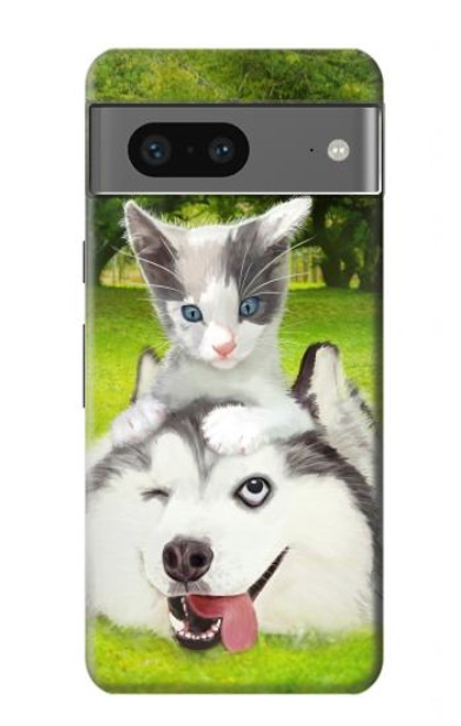 S3795 不機嫌子猫遊び心シベリアンハスキー犬ペイント Kitten Cat Playful Siberian Husky Dog Paint Google Pixel 7a バックケース、フリップケース・カバー