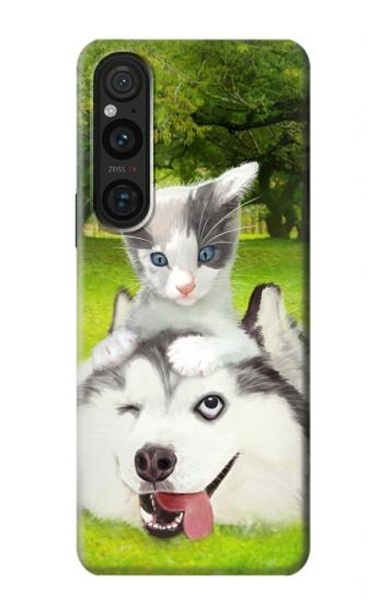 S3795 不機嫌子猫遊び心シベリアンハスキー犬ペイント Kitten Cat Playful Siberian Husky Dog Paint Sony Xperia 1 V バックケース、フリップケース・カバー
