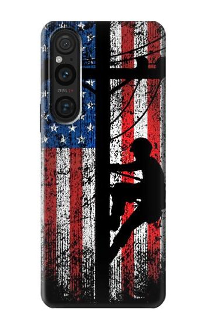 S3803 電気技師ラインマンアメリカ国旗 Electrician Lineman American Flag Sony Xperia 1 V バックケース、フリップケース・カバー