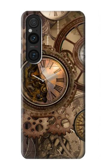 S3927 コンパスクロックゲージスチームパンク Compass Clock Gage Steampunk Sony Xperia 1 V バックケース、フリップケース・カバー