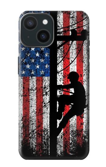 S3803 電気技師ラインマンアメリカ国旗 Electrician Lineman American Flag iPhone 15 バックケース、フリップケース・カバー