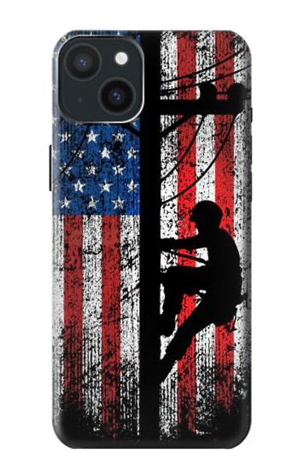 S3803 電気技師ラインマンアメリカ国旗 Electrician Lineman American Flag iPhone 15 Plus バックケース、フリップケース・カバー