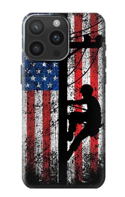 S3803 電気技師ラインマンアメリカ国旗 Electrician Lineman American Flag iPhone 15 Pro Max バックケース、フリップケース・カバー