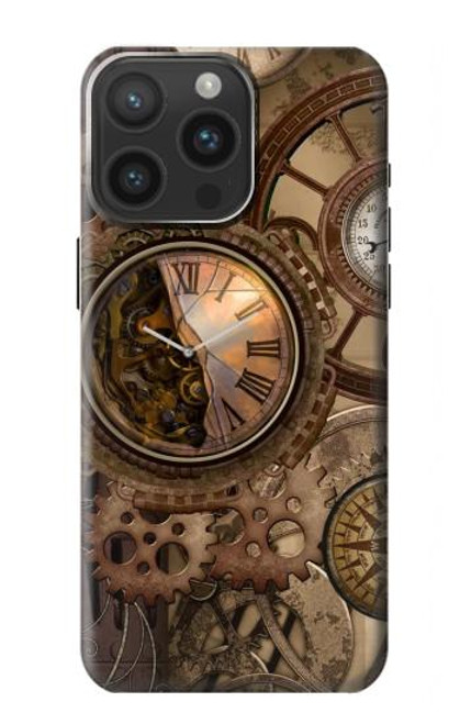 S3927 コンパスクロックゲージスチームパンク Compass Clock Gage Steampunk iPhone 15 Pro Max バックケース、フリップケース・カバー