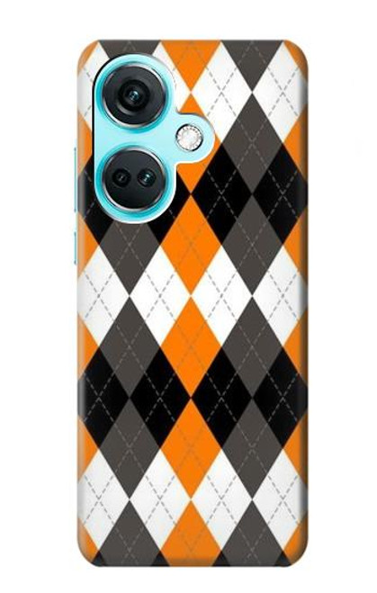 S3421 黒 オレンジ 白 アーガイルプラッド Black Orange White Argyle Plaid OnePlus Nord CE3 バックケース、フリップケース・カバー