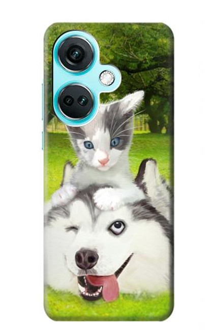S3795 不機嫌子猫遊び心シベリアンハスキー犬ペイント Kitten Cat Playful Siberian Husky Dog Paint OnePlus Nord CE3 バックケース、フリップケース・カバー