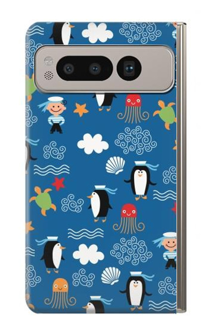 S2572 マリンペンギン柄 Marine Penguin Pattern Google Pixel Fold バックケース、フリップケース・カバー