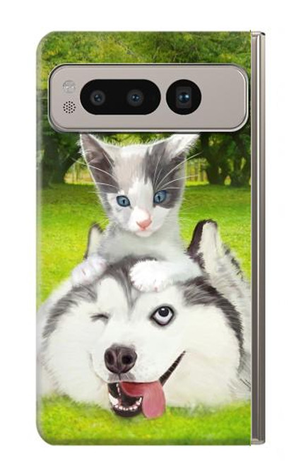 S3795 不機嫌子猫遊び心シベリアンハスキー犬ペイント Kitten Cat Playful Siberian Husky Dog Paint Google Pixel Fold バックケース、フリップケース・カバー