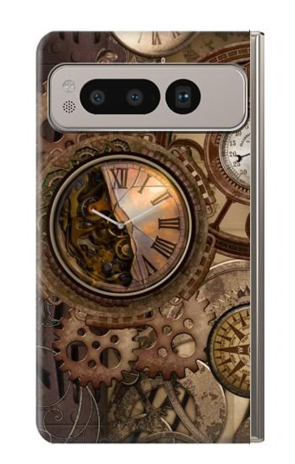 S3927 コンパスクロックゲージスチームパンク Compass Clock Gage Steampunk Google Pixel Fold バックケース、フリップケース・カバー