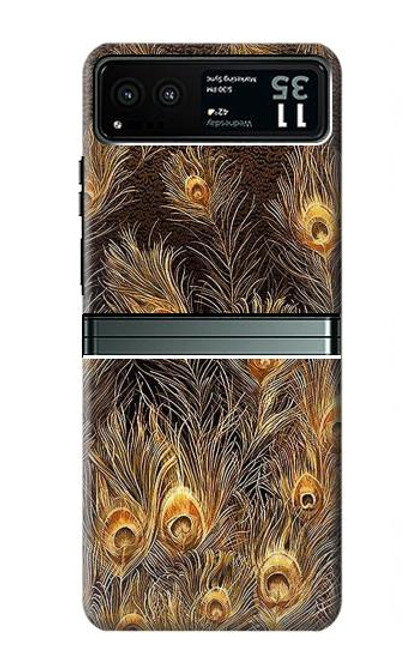 S3691 ゴールドピーコックフェザー Gold Peacock Feather Motorola Razr 40 バックケース、フリップケース・カバー