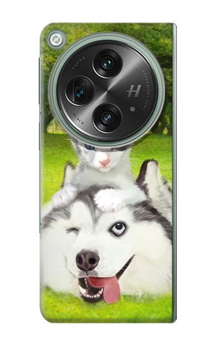 S3795 不機嫌子猫遊び心シベリアンハスキー犬ペイント Kitten Cat Playful Siberian Husky Dog Paint OnePlus OPEN バックケース、フリップケース・カバー