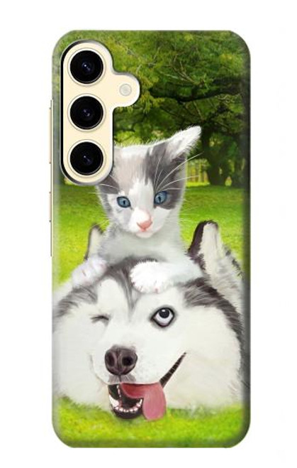 S3795 不機嫌子猫遊び心シベリアンハスキー犬ペイント Kitten Cat Playful Siberian Husky Dog Paint Samsung Galaxy S24 バックケース、フリップケース・カバー