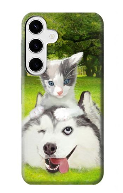 S3795 不機嫌子猫遊び心シベリアンハスキー犬ペイント Kitten Cat Playful Siberian Husky Dog Paint Samsung Galaxy S24 Plus バックケース、フリップケース・カバー