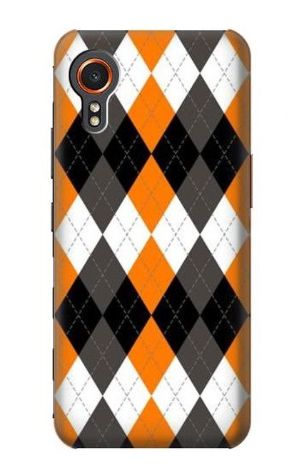 S3421 黒 オレンジ 白 アーガイルプラッド Black Orange White Argyle Plaid Samsung Galaxy Xcover7 バックケース、フリップケース・カバー