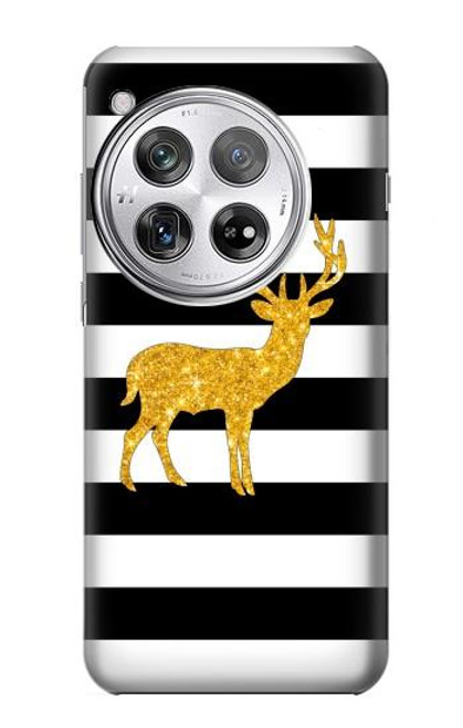 S2794 黒と白のストライプ 金の鹿 Black and White Striped Deer Gold Sparkles OnePlus 12 バックケース、フリップケース・カバー