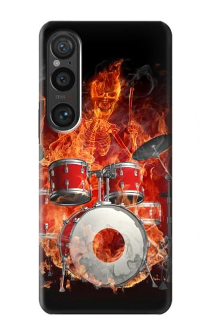 S1431 スカル ドラム ファイア ロック音楽 Skull Drum Fire Rock Sony Xperia 1 VI バックケース、フリップケース・カバー
