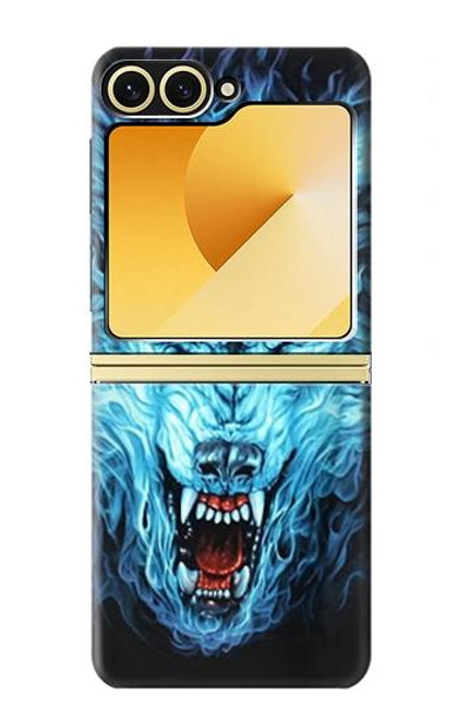 S0752 青火災狼 Blue Fire Grim Wolf Samsung Galaxy Z Flip 6, Flip 7 FE バックケース、フリップケース・カバー