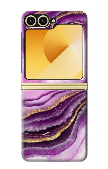 S3896 紫色の大理石の金の筋 Purple Marble Gold Streaks Samsung Galaxy Z Flip 6, Flip 7 FE バックケース、フリップケース・カバー
