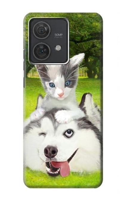 S3795 不機嫌子猫遊び心シベリアンハスキー犬ペイント Kitten Cat Playful Siberian Husky Dog Paint Motorola Edge 40 Neo バックケース、フリップケース・カバー