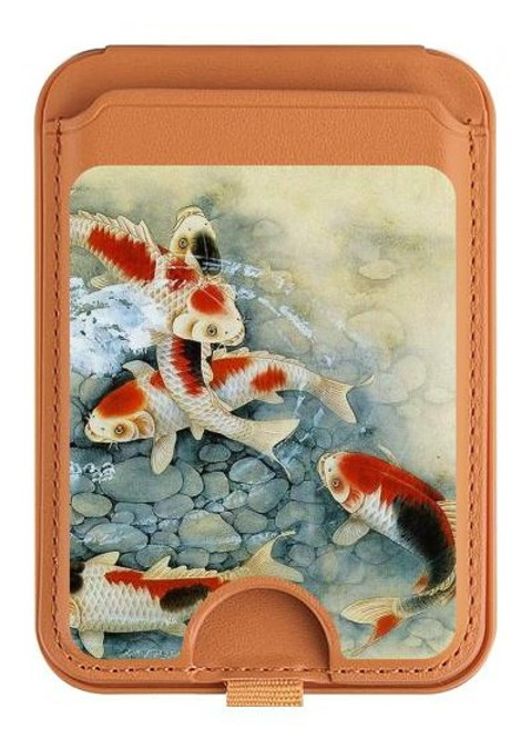 S1654 魚アート絵画 Koi Carp Fish Art Painting iPhone 16 15 14 13 Pro Max 用 MagSafe対応磁気カードホルダーウォレットスタンド