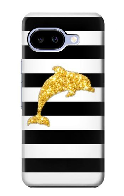 S2882 黒と白のストライプ ゴールドドルフィン Black and White Striped Gold Dolphin Google Pixel 9a バックケース、フリップケース・カバー