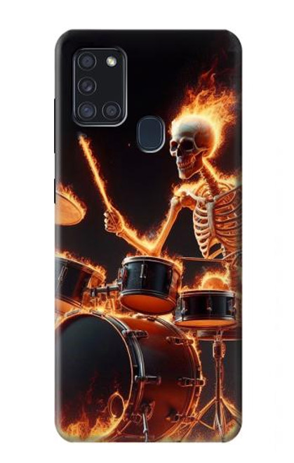 S3985 火の頭蓋骨のドラマー Fire Skull Drummer Samsung Galaxy A21s バックケース、フリップケース・カバー