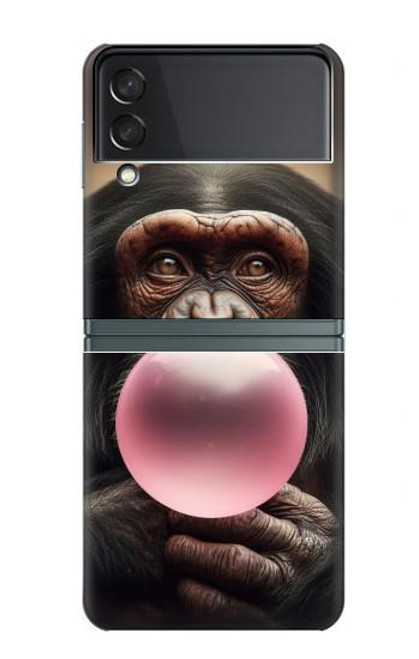 S3973 ピンクの風船ガムを吹くチンパンジー Chimpanzee Blowing Pink Bubblegum Samsung Galaxy Z Flip 3 5G バックケース、フリップケース・カバー