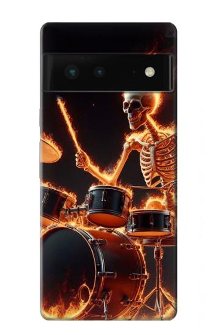 S3985 火の頭蓋骨のドラマー Fire Skull Drummer Google Pixel 6 バックケース、フリップケース・カバー