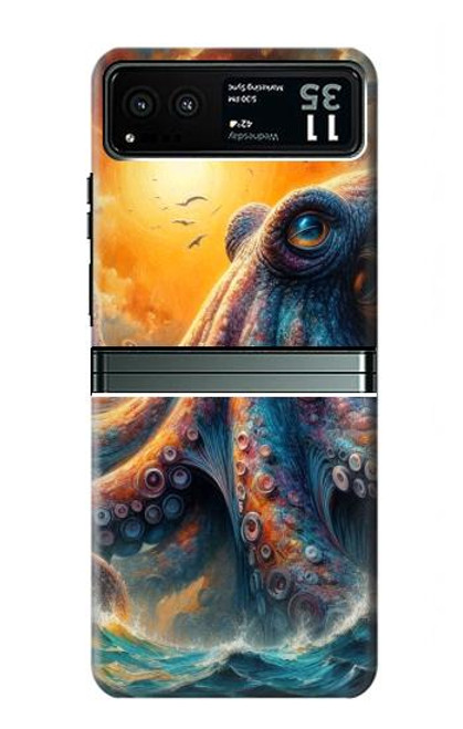 S4003 油絵 巨大タコ Oil Color Painting Giant Octopus Motorola Razr 40 バックケース、フリップケース・カバー