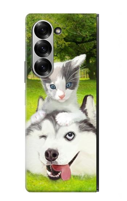 S3795 不機嫌子猫遊び心シベリアンハスキー犬ペイント Kitten Cat Playful Siberian Husky Dog Paint Samsung Galaxy Z Fold 7 バックケース、フリップケース・カバー