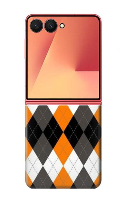 S3421 黒 オレンジ 白 アーガイルプラッド Black Orange White Argyle Plaid Samsung Galaxy Z Flip 7 バックケース、フリップケース・カバー