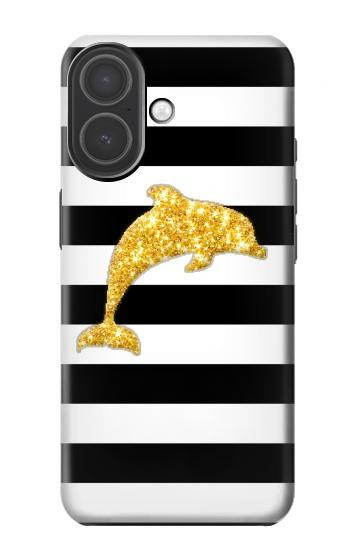 S2882 黒と白のストライプ ゴールドドルフィン Black and White Striped Gold Dolphin iPhone 17 バックケース、フリップケース・カバー